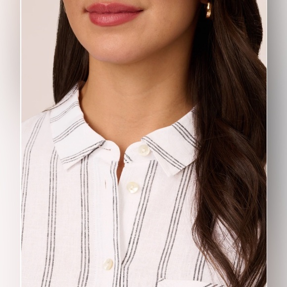 ADRIANNA PAPELL Button Up LINEN SHIRT LONG SLEEVES IN WHITE and GREY stripes - Picture 3 of 11